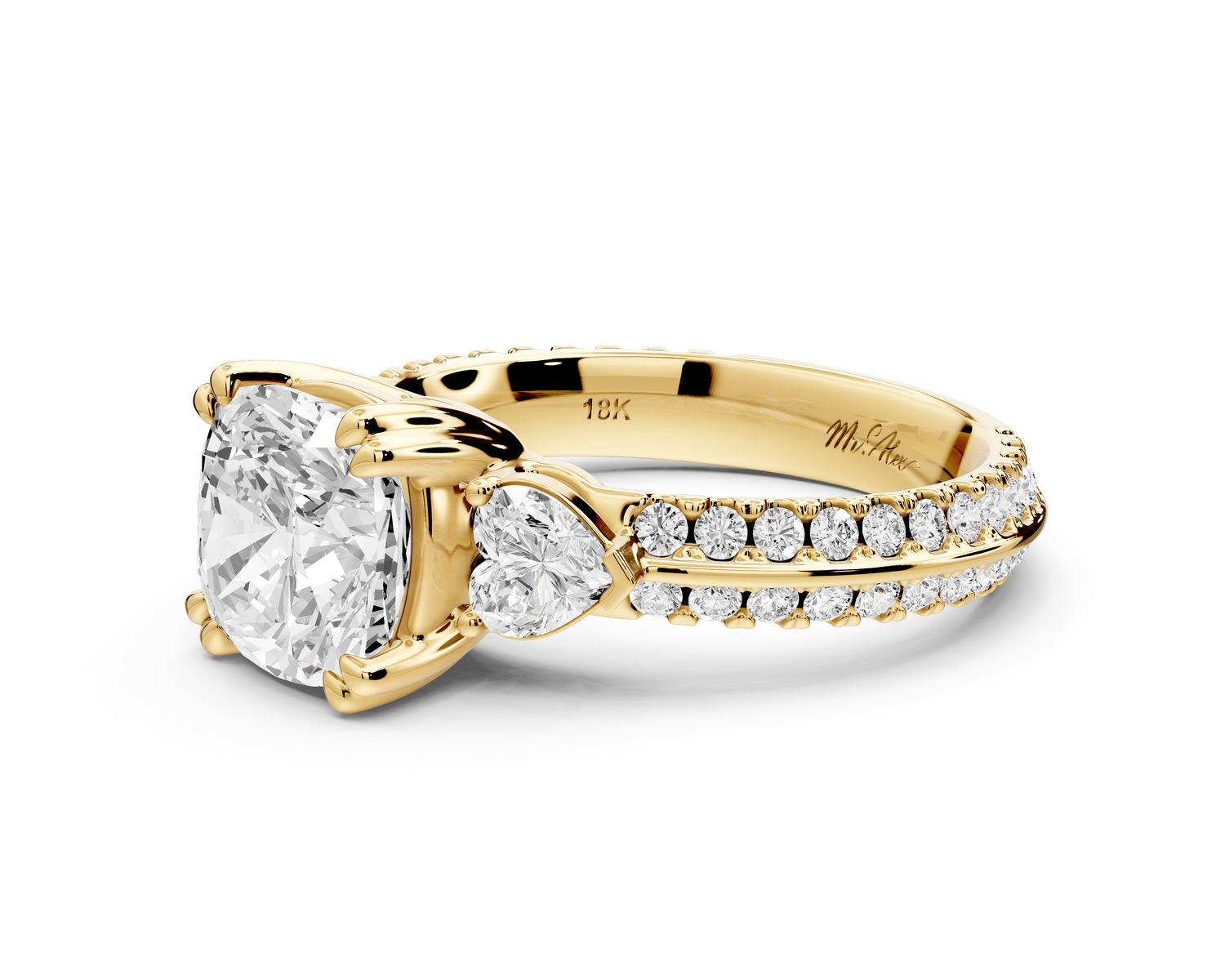 Elinor - 2ct 18k yellow gold cushion diamond Double talon prongs with two heart side stones and rollover pavé engagement ring - Mr. Alex Jewelry