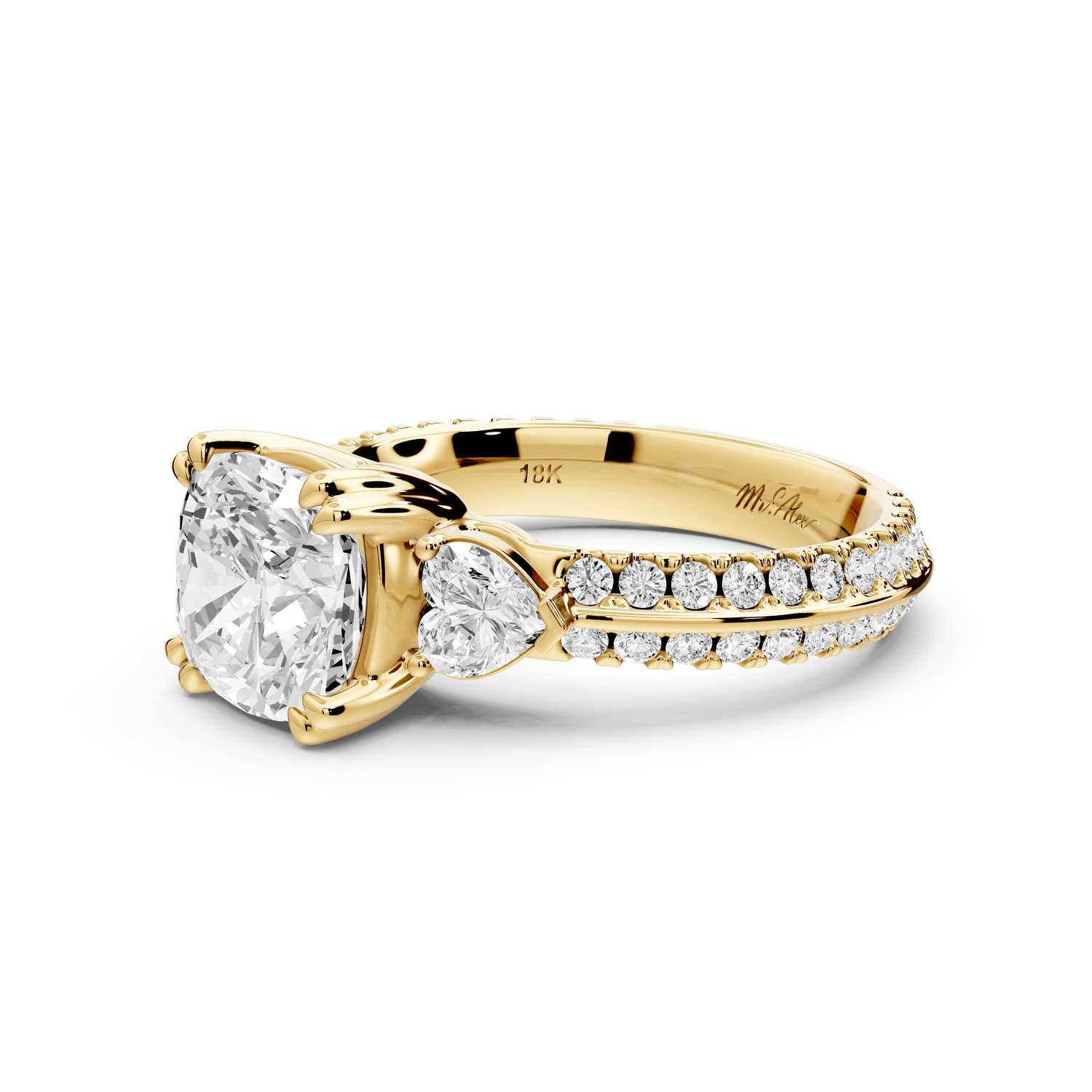Elinor - 2ct 18k yellow gold cushion diamond Double talon prongs with two heart side stones and rollover pavé engagement ring - Mr. Alex Jewelry