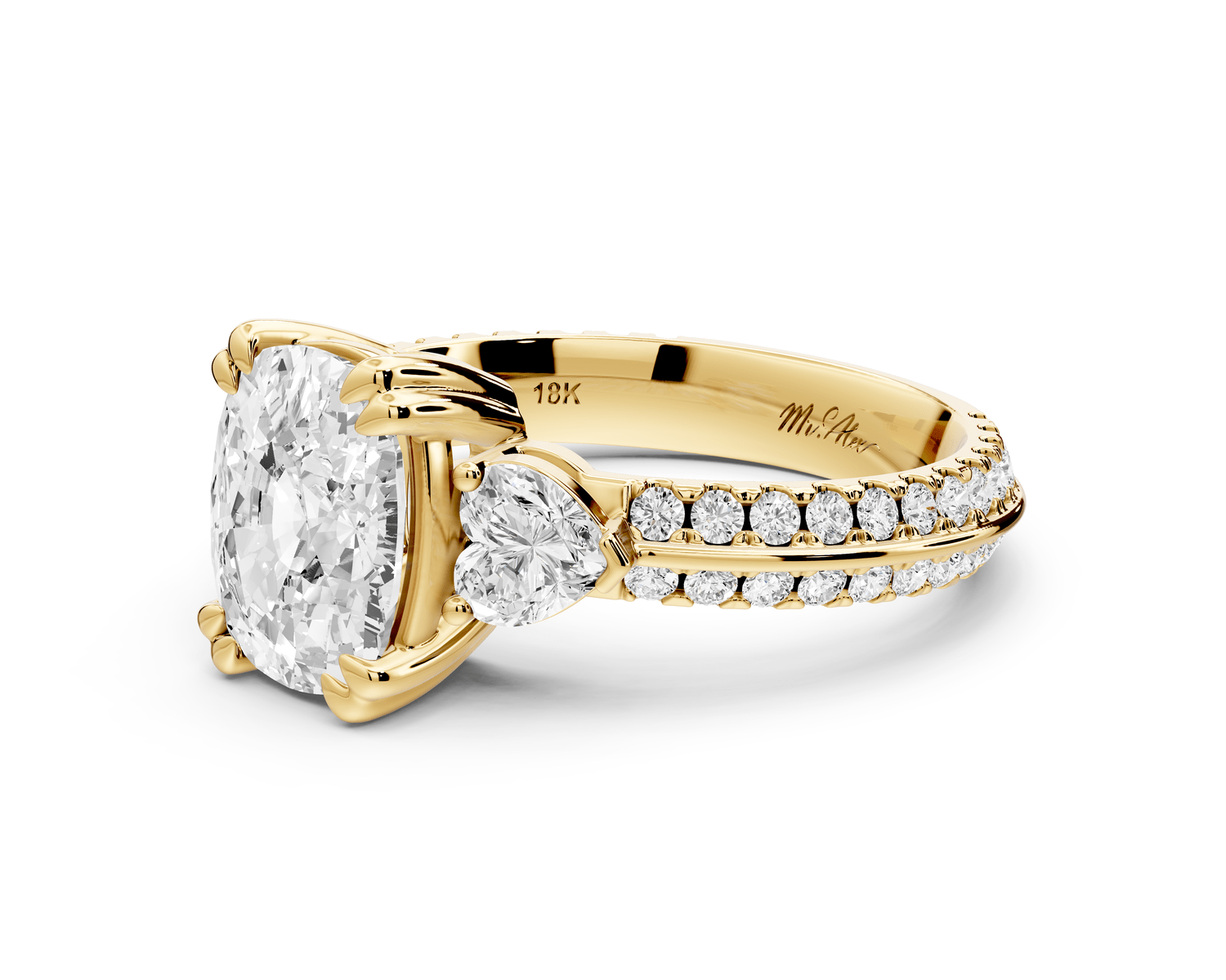 Elinor - 2ct 18k yellow gold ecushion diamond Double talon prongs with two heart side stones and rollover pavé engagement ring - Mr. Alex Jewelry