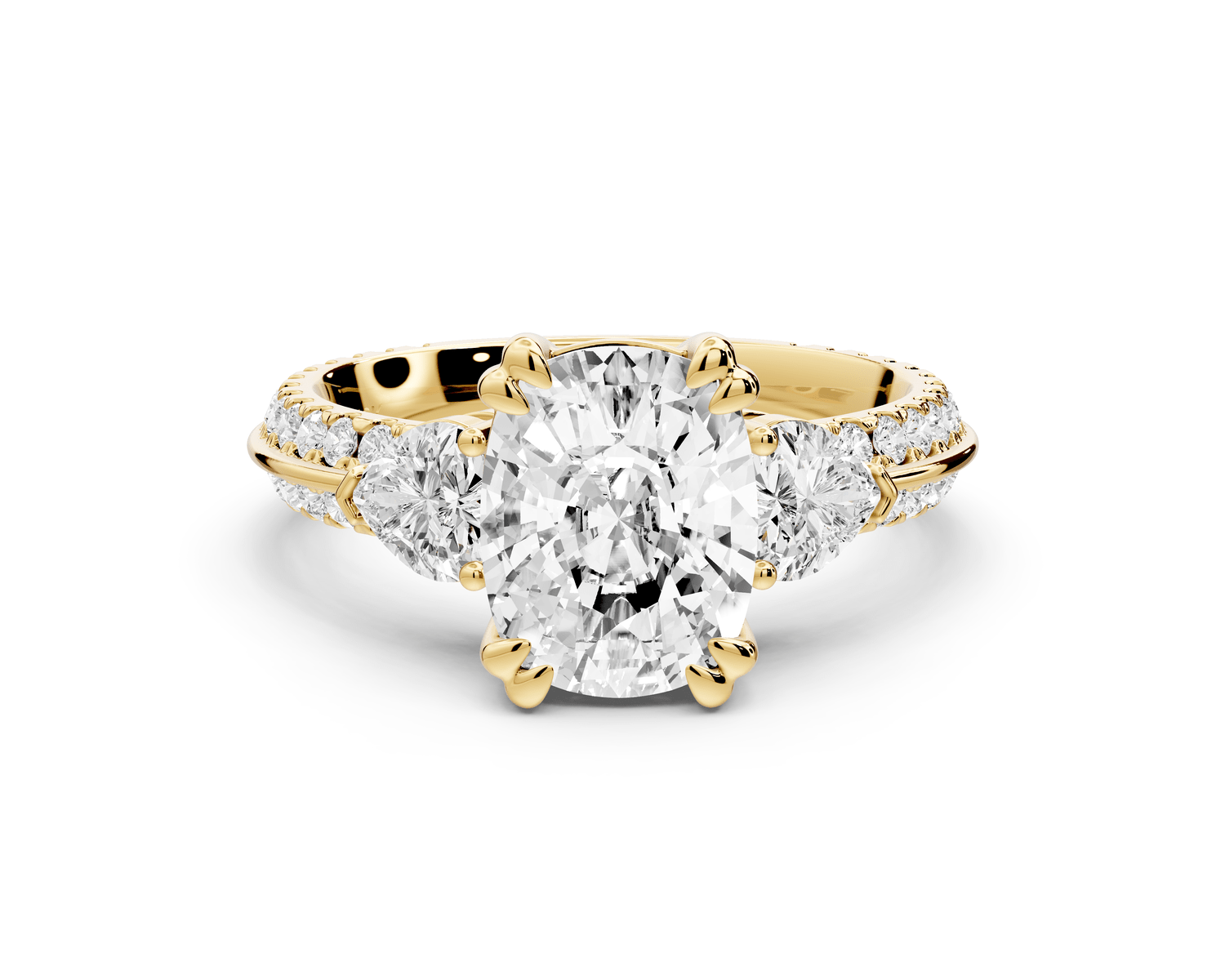 Elinor - 2ct 18k yellow gold ecushion diamond Double talon prongs with two heart side stones and rollover pavé engagement ring - Mr. Alex Jewelry