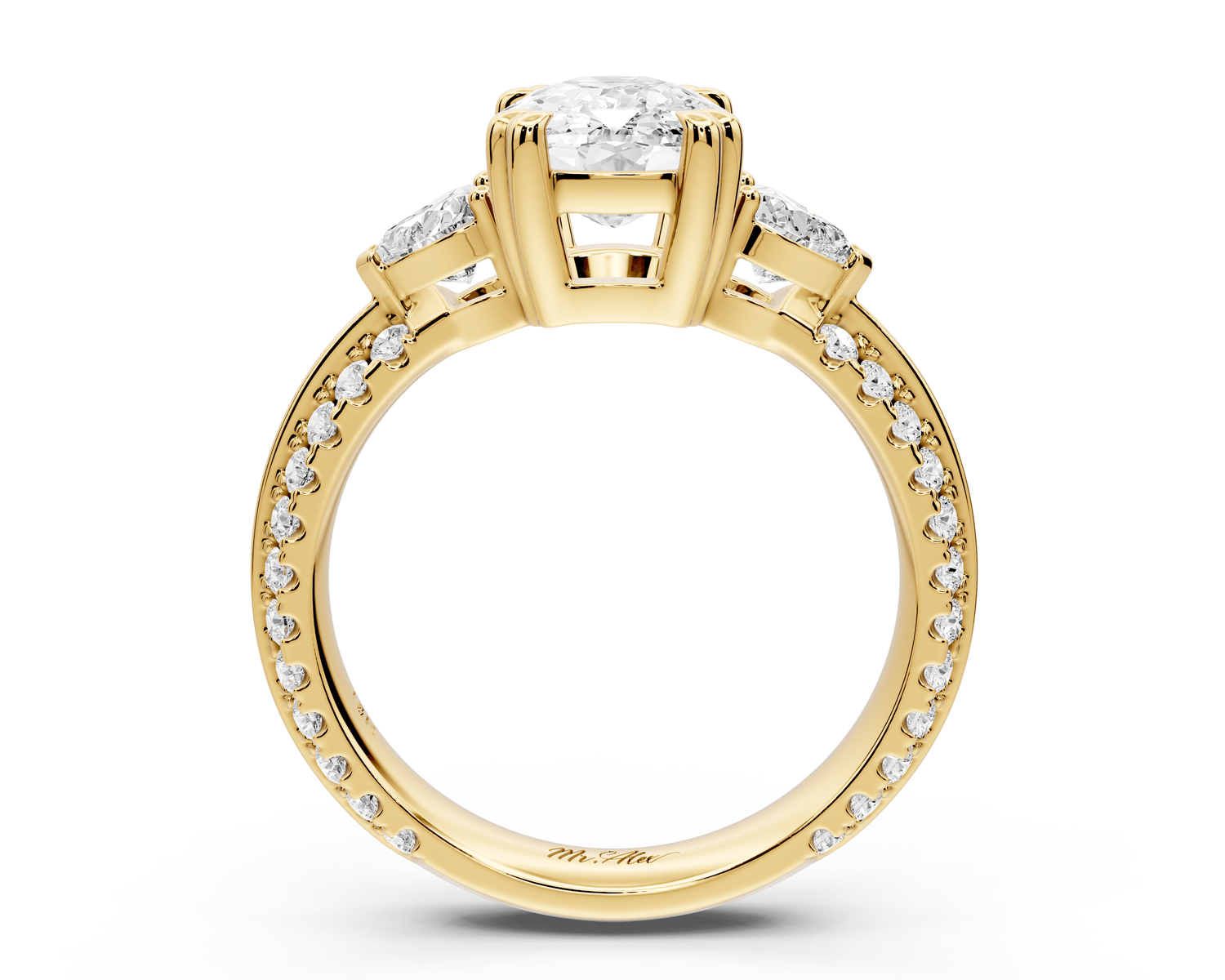 Elinor - 2ct 18k yellow gold ecushion diamond Double talon prongs with two heart side stones and rollover pavé engagement ring - Mr. Alex Jewelry