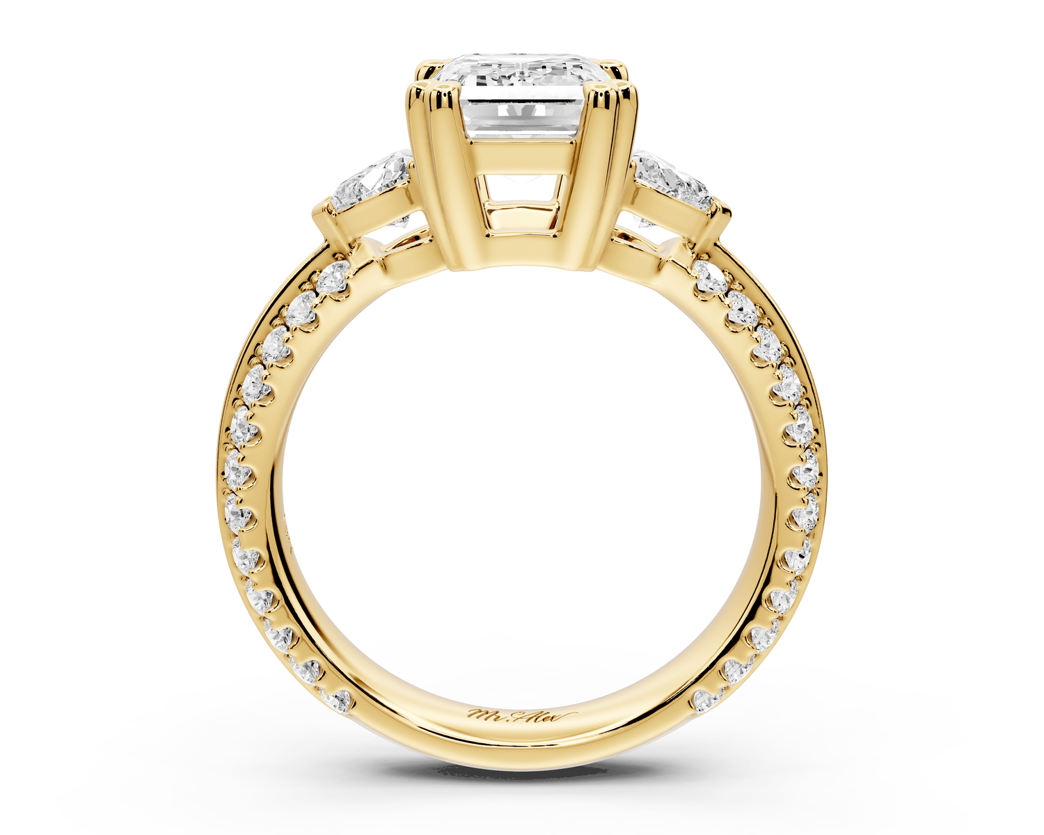 Elinor - 2ct 18k yellow gold emerald diamond Double talon prongs with two heart side stones and rollover pavé engagement ring - Mr. Alex Jewelry
