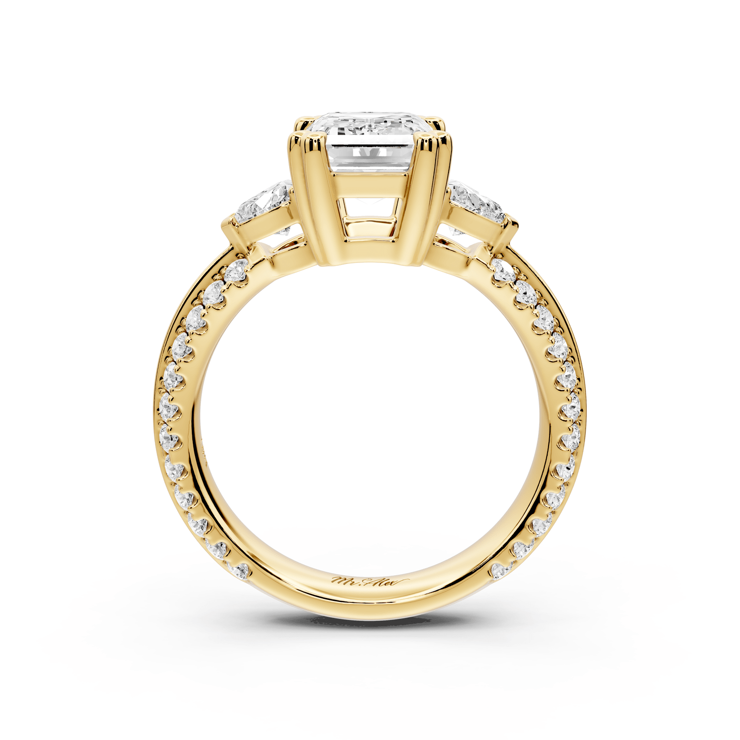 Elinor - 2ct 18k yellow gold emerald diamond Double talon prongs with two heart side stones and rollover pavé engagement ring - Mr. Alex Jewelry