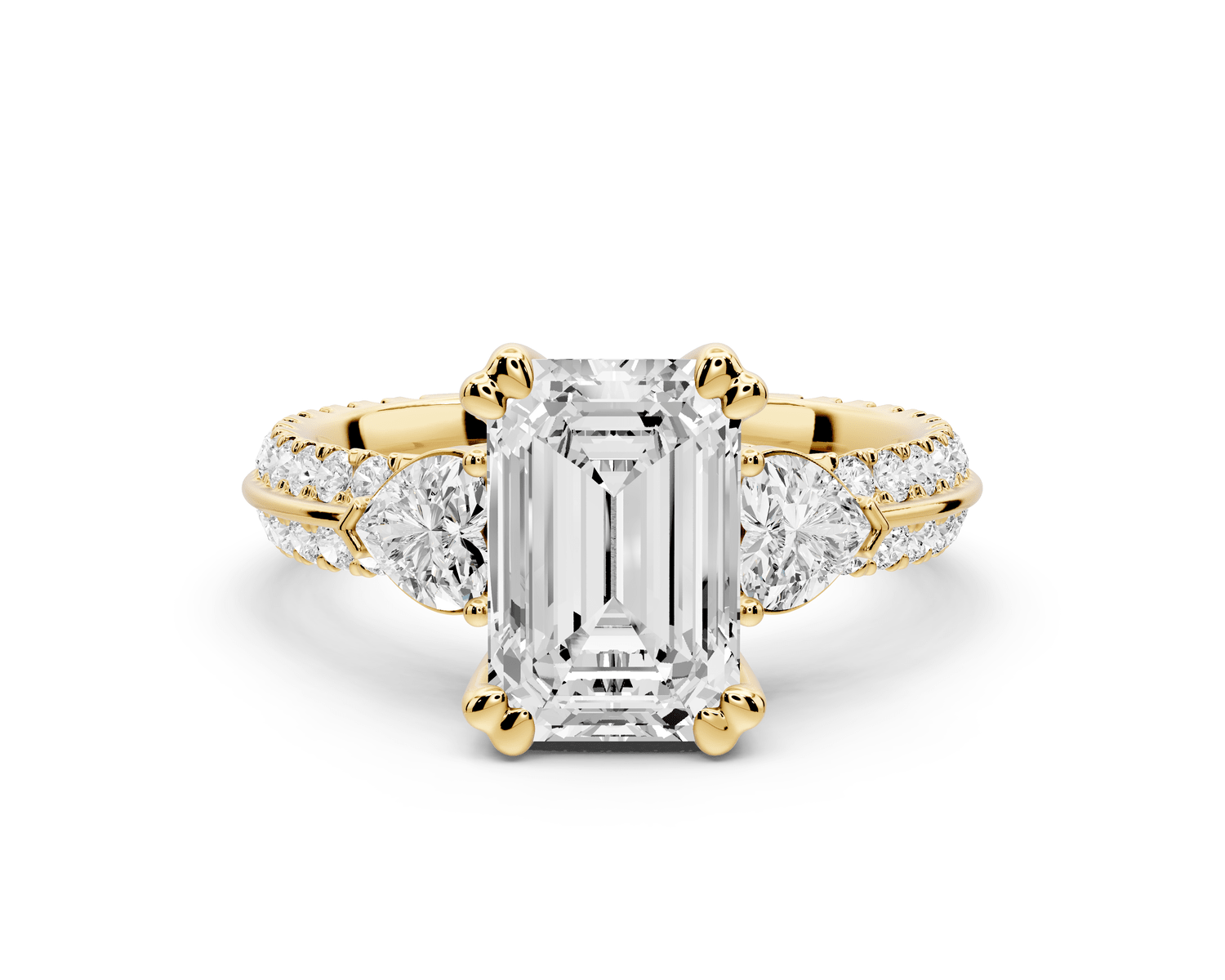 Elinor - 2ct 18k yellow gold emerald diamond Double talon prongs with two heart side stones and rollover pavé engagement ring - Mr. Alex Jewelry
