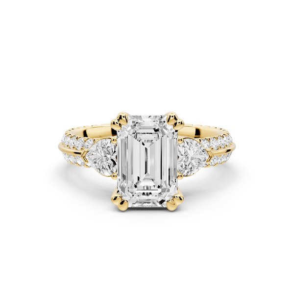 Elinor - 2ct 18k yellow gold emerald diamond Double talon prongs with two heart side stones and rollover pavé engagement ring - Mr. Alex Jewelry