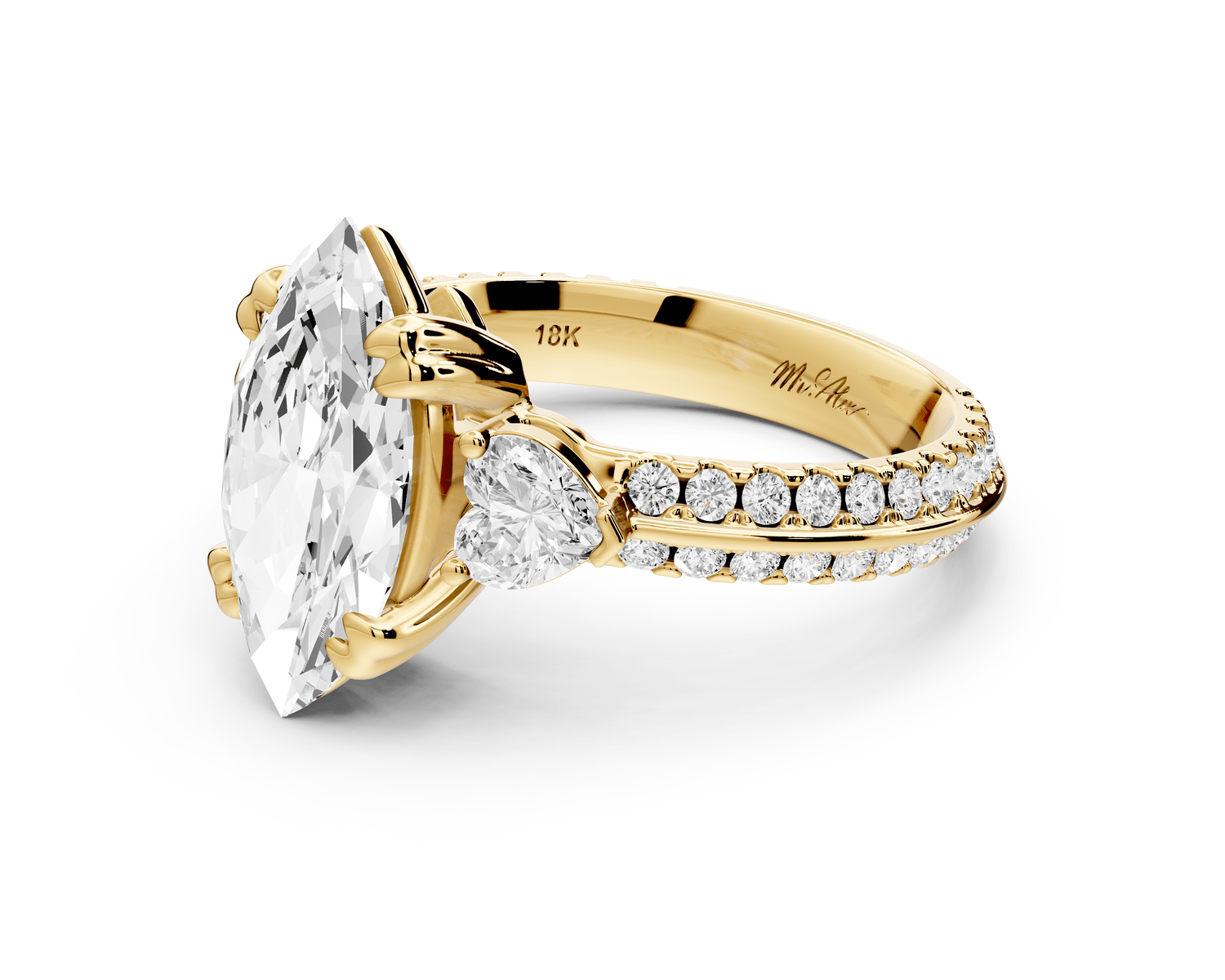 Elinor - 2ct 18k yellow gold marquise diamond Double talon prongs with two heart side stones and rollover pavé engagement ring - Mr. Alex Jewelry