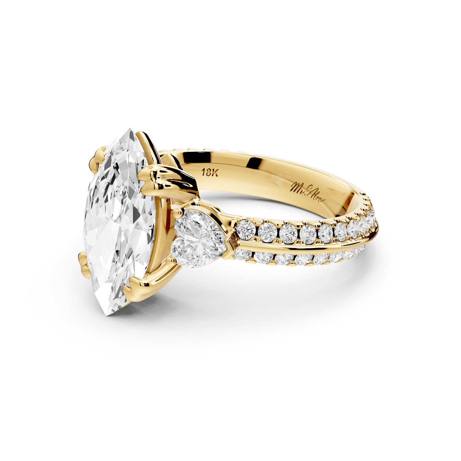 Elinor - 2ct 18k yellow gold marquise diamond Double talon prongs with two heart side stones and rollover pavé engagement ring - Mr. Alex Jewelry