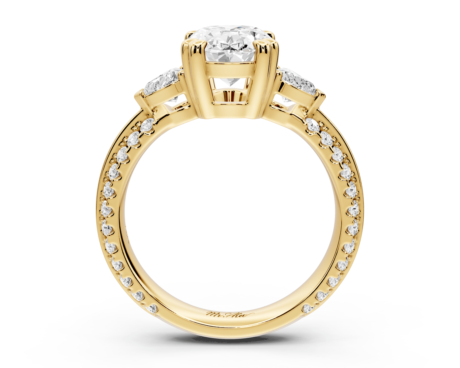 Elinor - 2ct 18k yellow gold oval diamond Double talon prongs with two heart side stones and rollover pavé engagement ring - Mr. Alex Jewelry