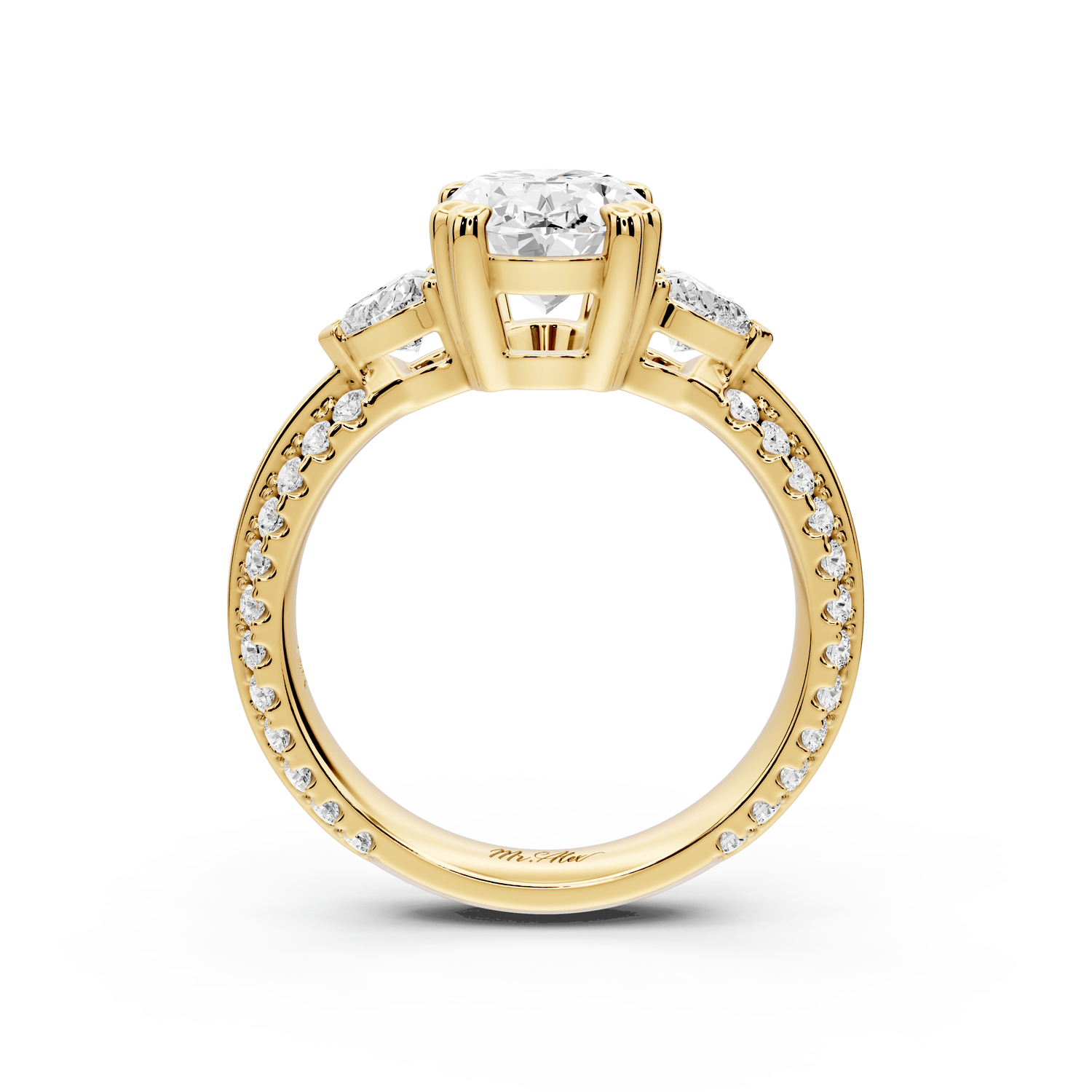 Elinor - 2ct 18k yellow gold oval diamond Double talon prongs with two heart side stones and rollover pavé engagement ring - Mr. Alex Jewelry