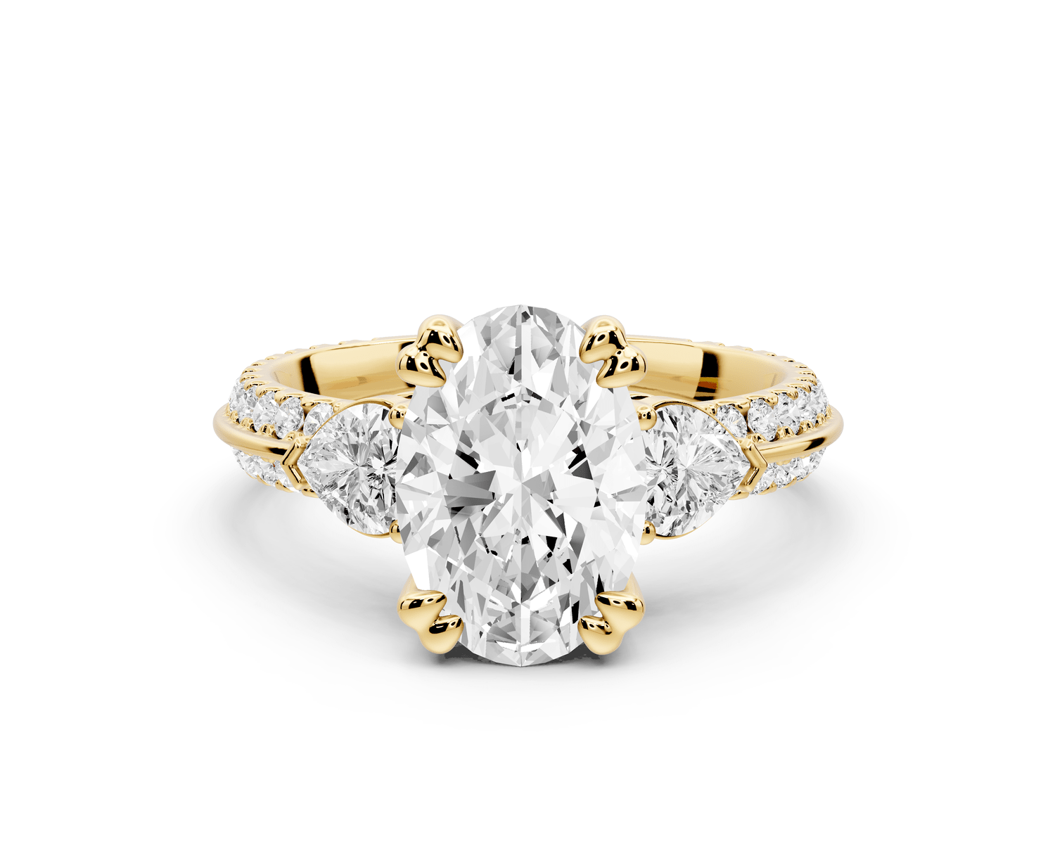 Elinor - 2ct 18k yellow gold oval diamond Double talon prongs with two heart side stones and rollover pavé engagement ring - Mr. Alex Jewelry