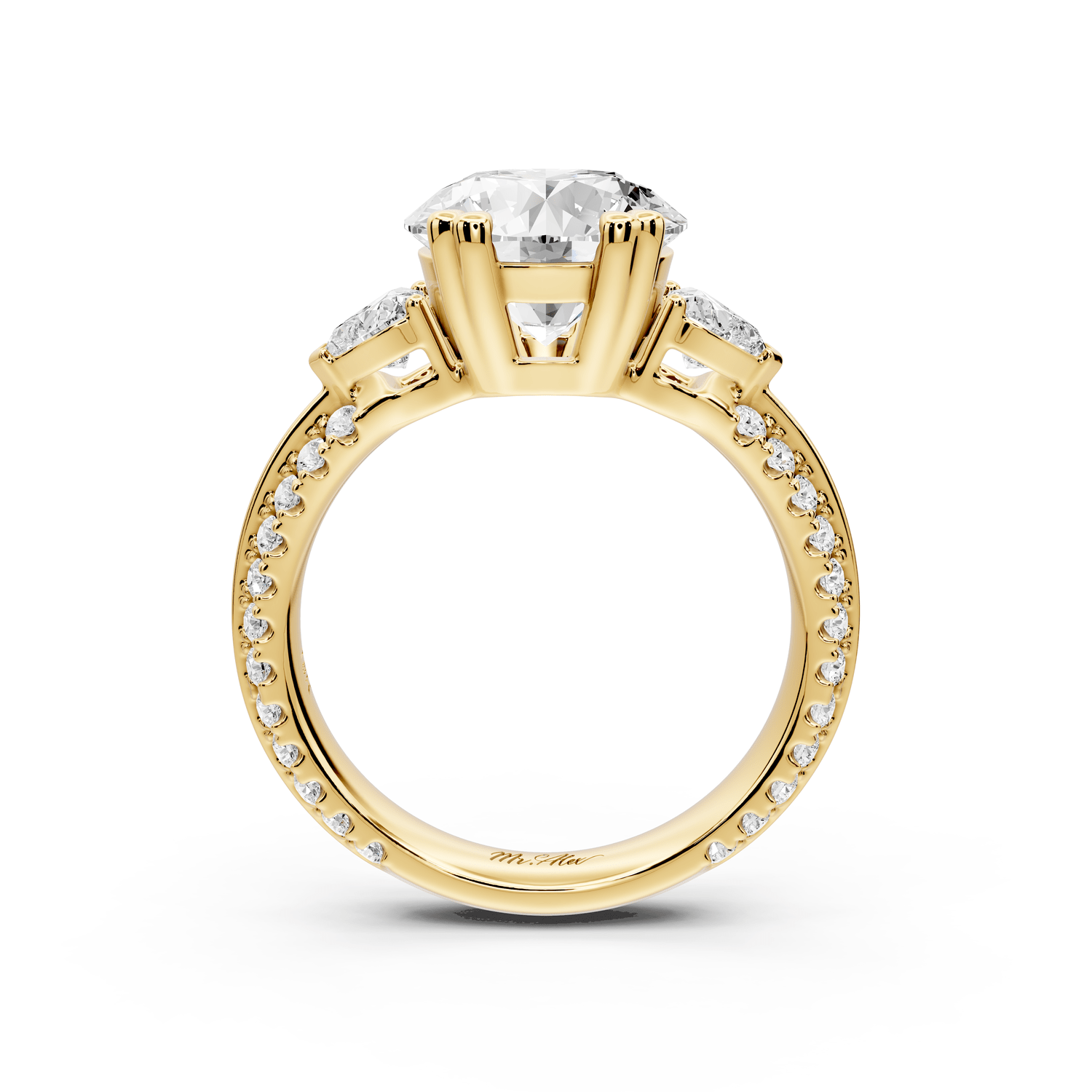 Elinor - 2ct 18k yellow gold pear diamond Double talon prongs with two heart side stones and rollover pavé engagement ring - Mr. Alex Jewelry