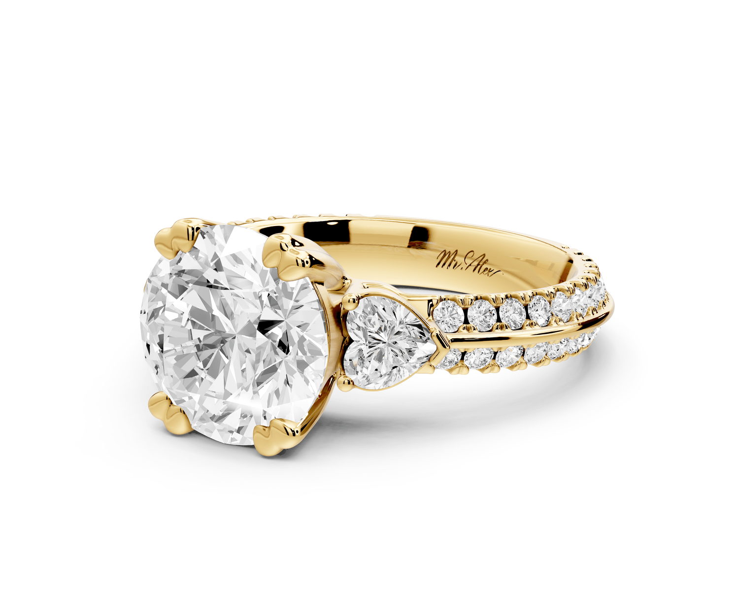Elinor - 2ct 18k yellow gold pear diamond Double talon prongs with two heart side stones and rollover pavé engagement ring - Mr. Alex Jewelry