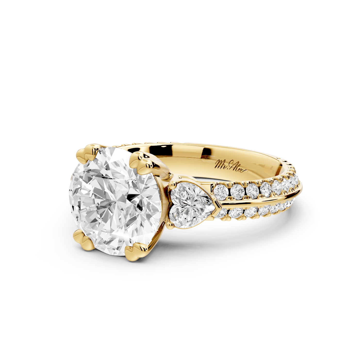 Elinor - 2ct 18k yellow gold pear diamond Double talon prongs with two heart side stones and rollover pavé engagement ring - Mr. Alex Jewelry