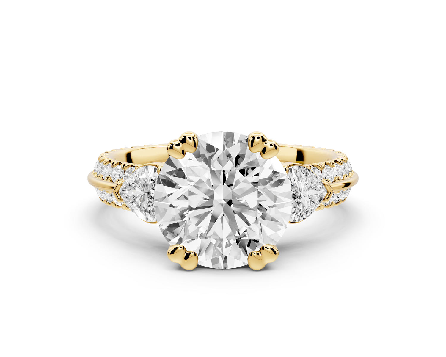 Elinor - 2ct 18k yellow gold pear diamond Double talon prongs with two heart side stones and rollover pavé engagement ring - Mr. Alex Jewelry