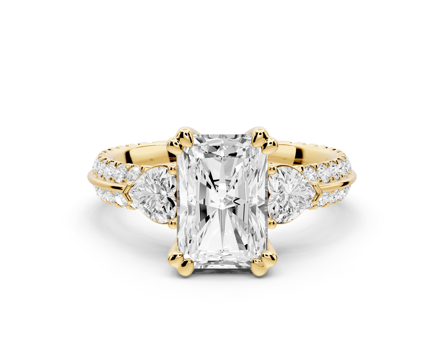 Elinor - 2ct 18k yellow gold radiant diamond Double talon prongs with two heart side stones and rollover pavé engagement ring - Mr. Alex Jewelry