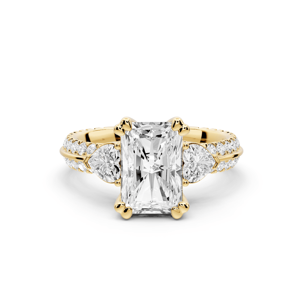 Elinor - 2ct 18k yellow gold radiant diamond Double talon prongs with two heart side stones and rollover pavé engagement ring - Mr. Alex Jewelry