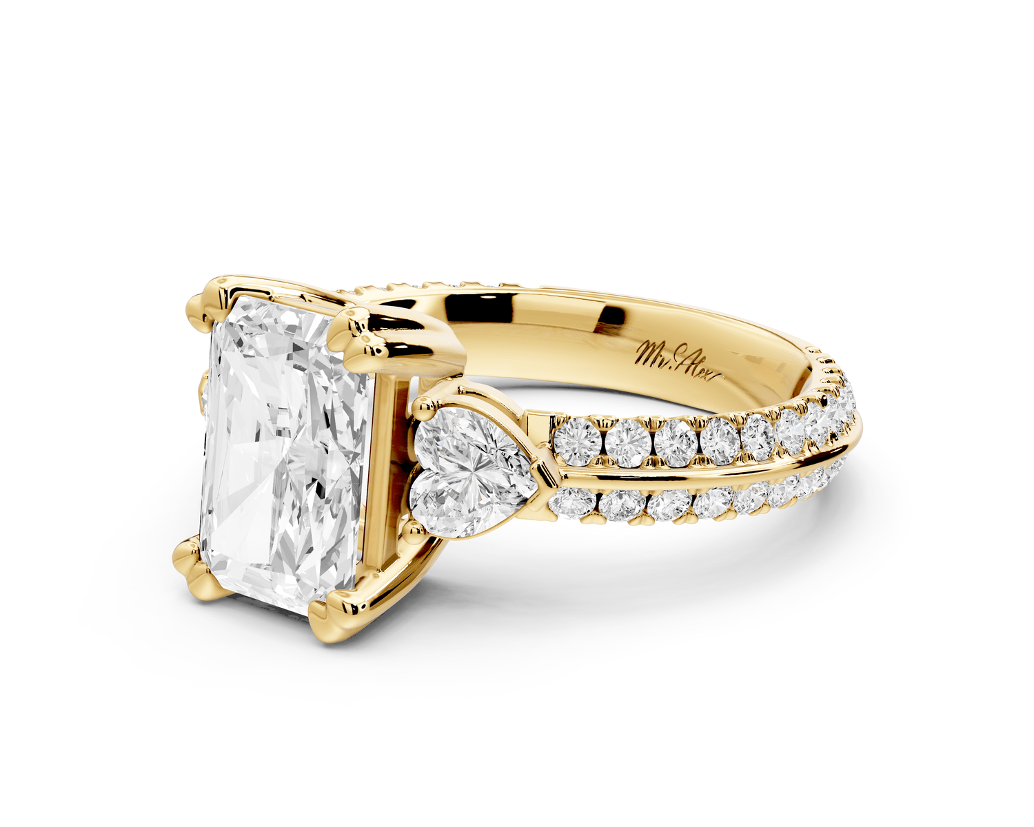 Elinor - 2ct 18k yellow gold radiant diamond Double talon prongs with two heart side stones and rollover pavé engagement ring - Mr. Alex Jewelry