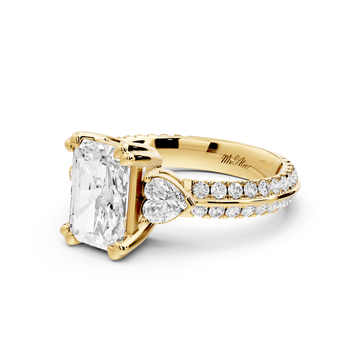 Elinor - 2ct 18k yellow gold radiant diamond Double talon prongs with two heart side stones and rollover pavé engagement ring - Mr. Alex Jewelry