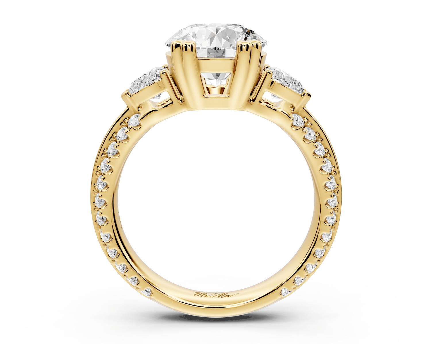 Elinor - 2ct 18k yellow gold round diamond Double talon prongs with two heart side stones and rollover pavé engagement ring - Mr. Alex Jewelry