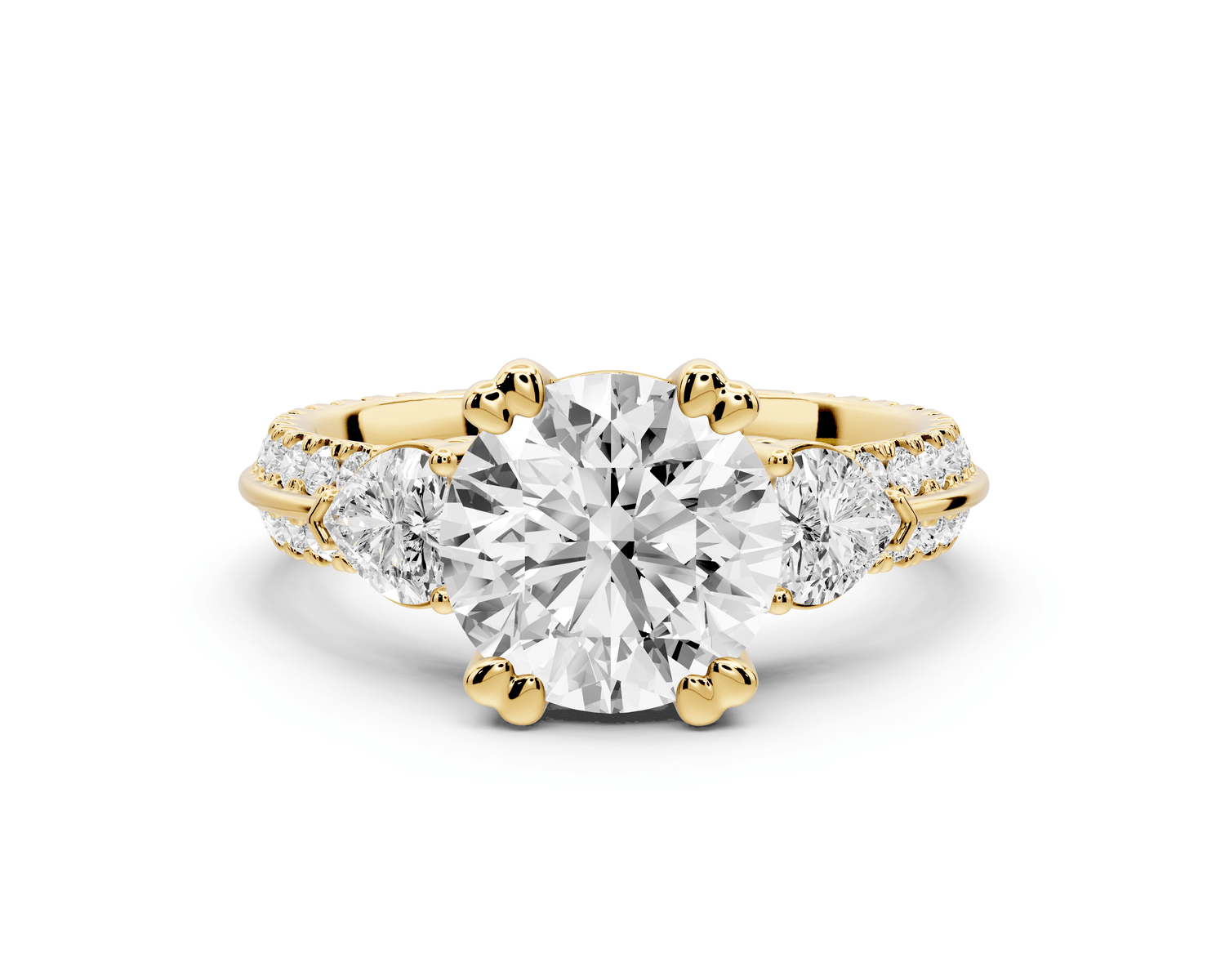 Elinor - 2ct 18k yellow gold round diamond Double talon prongs with two heart side stones and rollover pavé engagement ring - Mr. Alex Jewelry