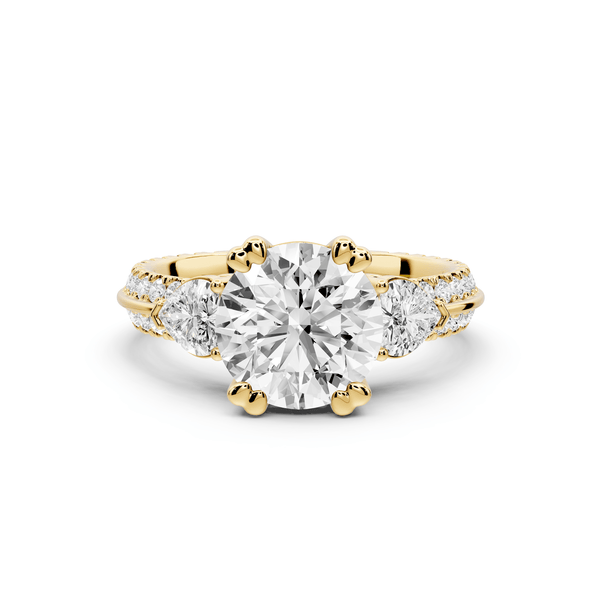 Elinor - 2ct 18k yellow gold round diamond Double talon prongs with two heart side stones and rollover pavé engagement ring - Mr. Alex Jewelry