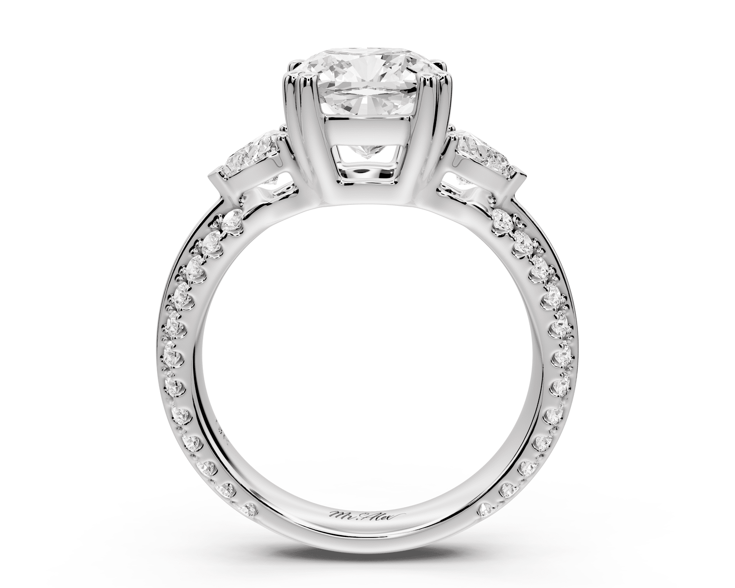 Elinor - 2ct platinum cushion diamond Double talon prongs with two heart side stones and rollover pavé engagement ring - Mr. Alex Jewelry