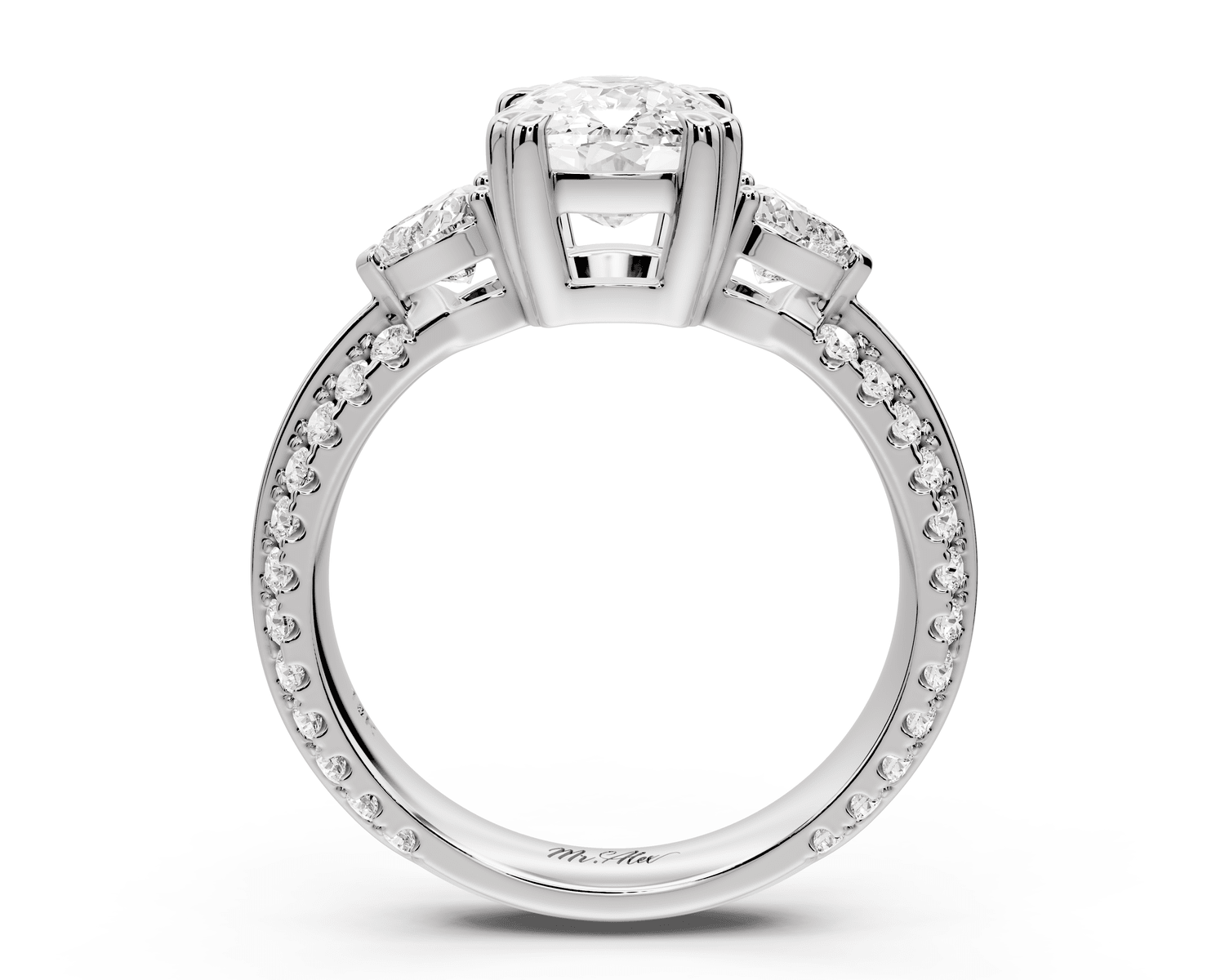 Elinor - 2ct platinum ecushion diamond Double talon prongs with two heart side stones and rollover pavé engagement ring - Mr. Alex Jewelry