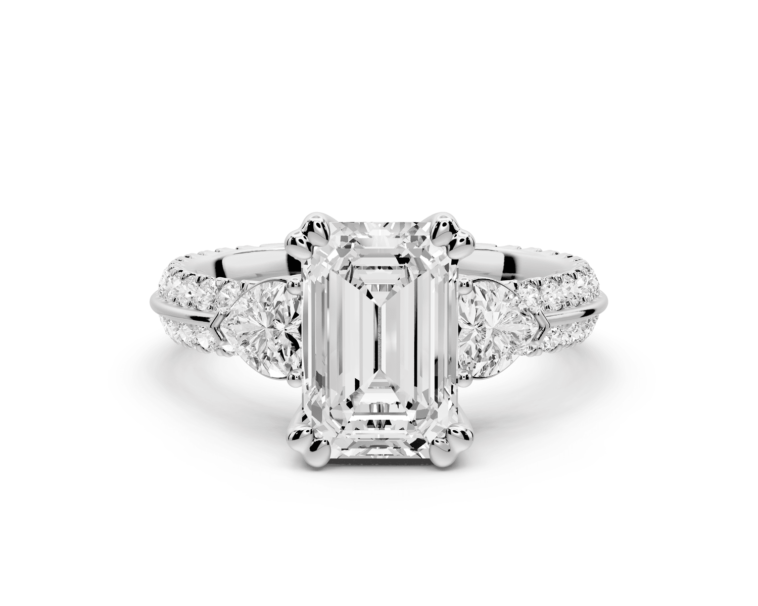 Elinor - 2ct platinum emerald diamond Double talon prongs with two heart side stones and rollover pavé engagement ring - Mr. Alex Jewelry