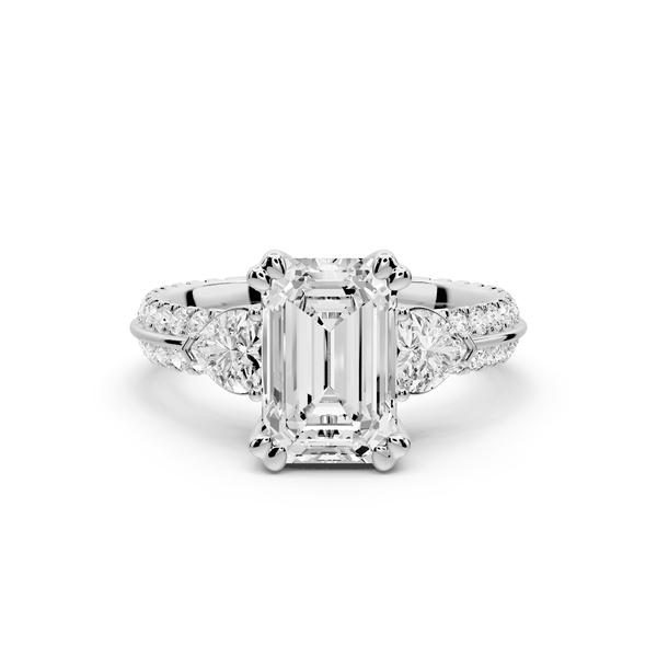 Elinor - 2ct platinum emerald diamond Double talon prongs with two heart side stones and rollover pavé engagement ring - Mr. Alex Jewelry