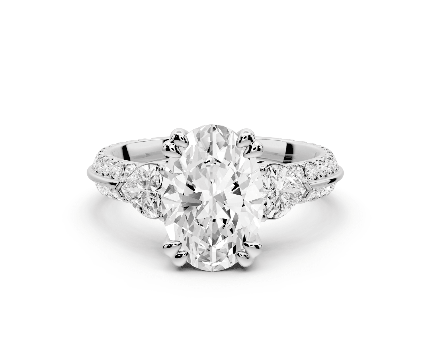 Elinor - 2ct platinum oval diamond Double talon prongs with two heart side stones and rollover pavé engagement ring - Mr. Alex Jewelry