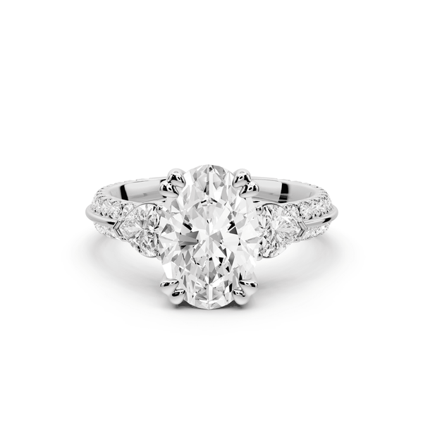 Elinor - 2ct platinum oval diamond Double talon prongs with two heart side stones and rollover pavé engagement ring - Mr. Alex Jewelry