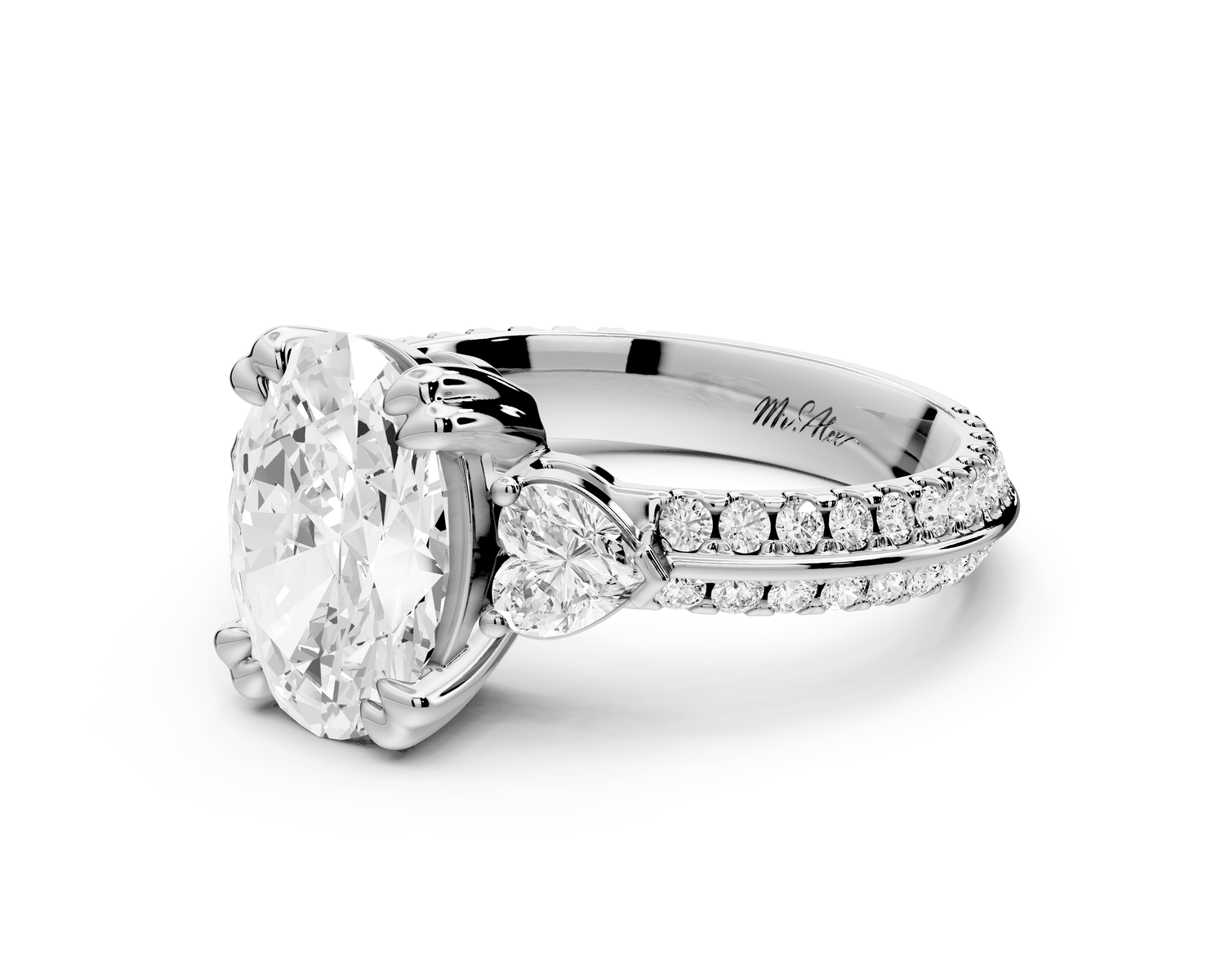 Elinor - 2ct platinum oval diamond Double talon prongs with two heart side stones and rollover pavé engagement ring - Mr. Alex Jewelry