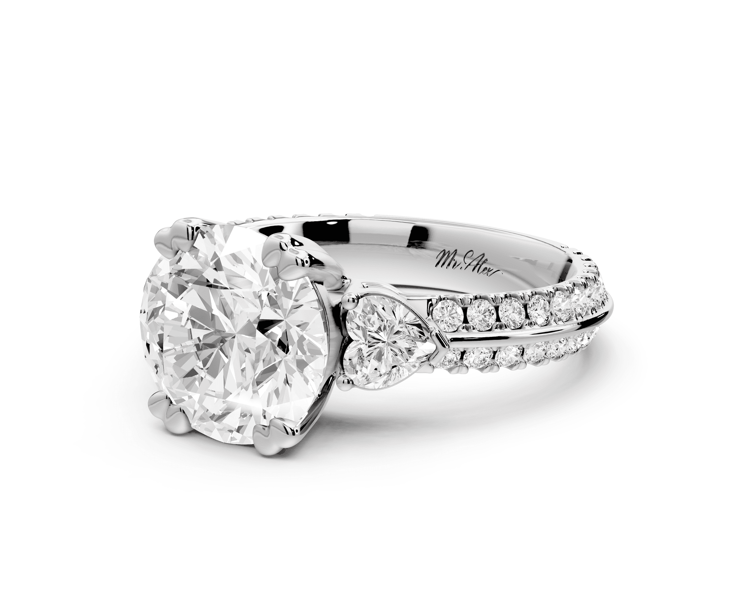 Elinor - 2ct platinum pear diamond Double talon prongs with two heart side stones and rollover pavé engagement ring - Mr. Alex Jewelry