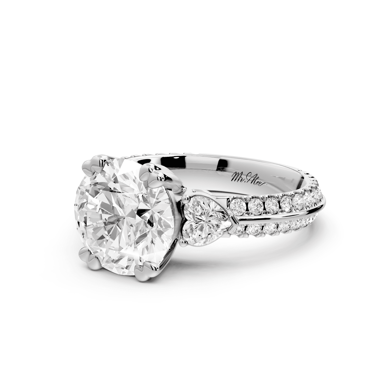 Elinor - 2ct platinum pear diamond Double talon prongs with two heart side stones and rollover pavé engagement ring - Mr. Alex Jewelry