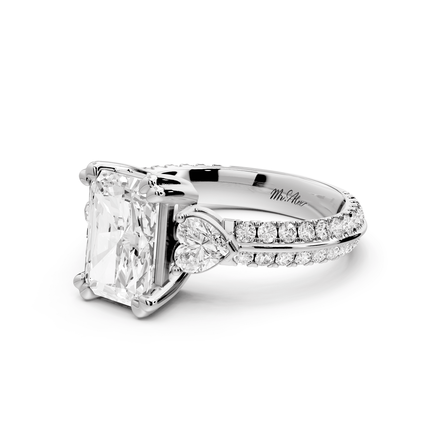 Elinor - 2ct platinum radiant diamond Double talon prongs with two heart side stones and rollover pavé engagement ring - Mr. Alex Jewelry