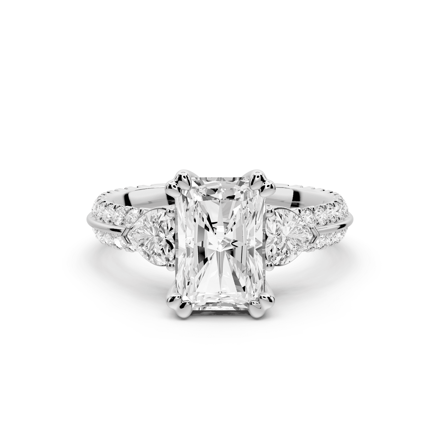 Elinor - 2ct platinum radiant diamond Double talon prongs with two heart side stones and rollover pavé engagement ring - Mr. Alex Jewelry
