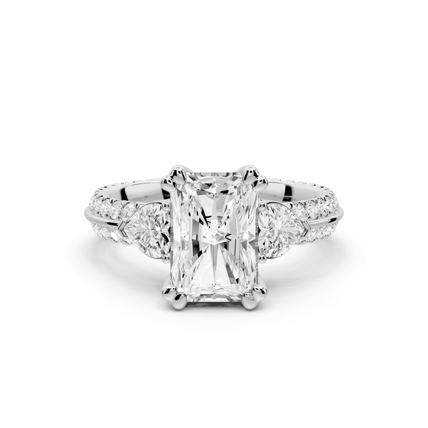 Elinor - 2ct platinum radiant diamond Double talon prongs with two heart side stones and rollover pavé engagement ring - Mr. Alex Jewelry