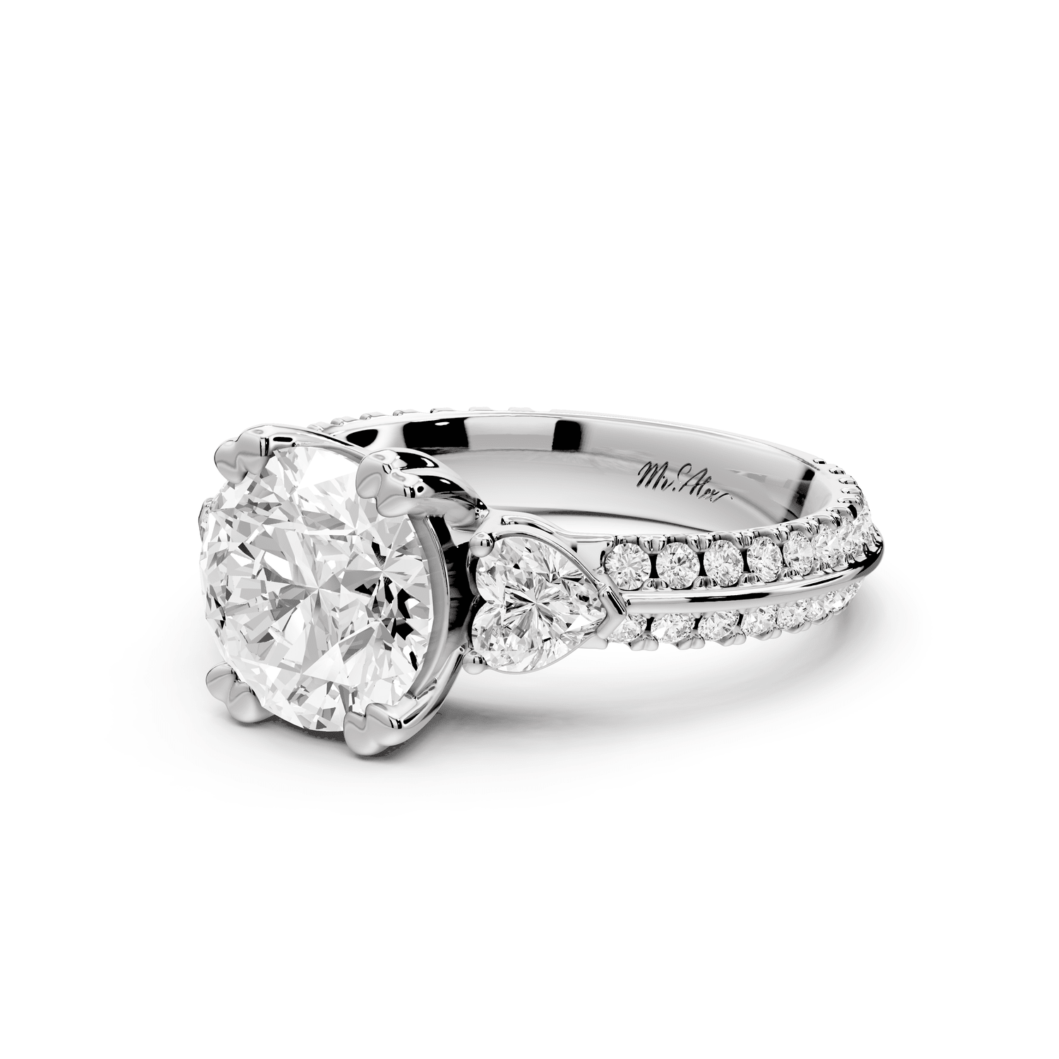 Elinor - 2ct platinum round diamond Double talon prongs with two heart side stones and rollover pavé engagement ring - Mr. Alex Jewelry