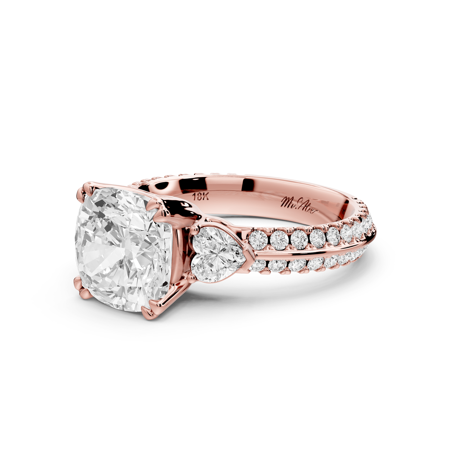 Elinor - 3ct 14k rose gold cushion diamond Double talon prongs with two heart side stones and rollover pavé engagement ring - Mr. Alex Jewelry