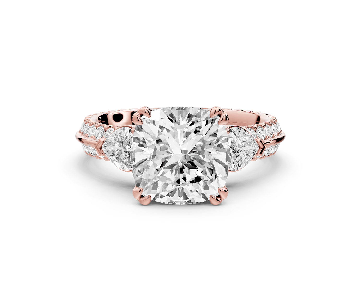 Elinor - 3ct 14k rose gold cushion diamond Double talon prongs with two heart side stones and rollover pavé engagement ring - Mr. Alex Jewelry