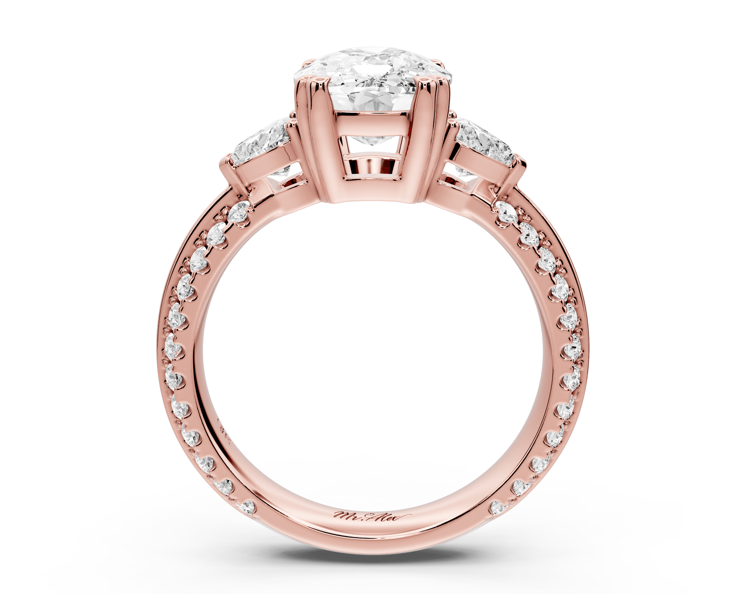 Elinor - 3ct 14k rose gold ecushion diamond Double talon prongs with two heart side stones and rollover pavé engagement ring - Mr. Alex Jewelry
