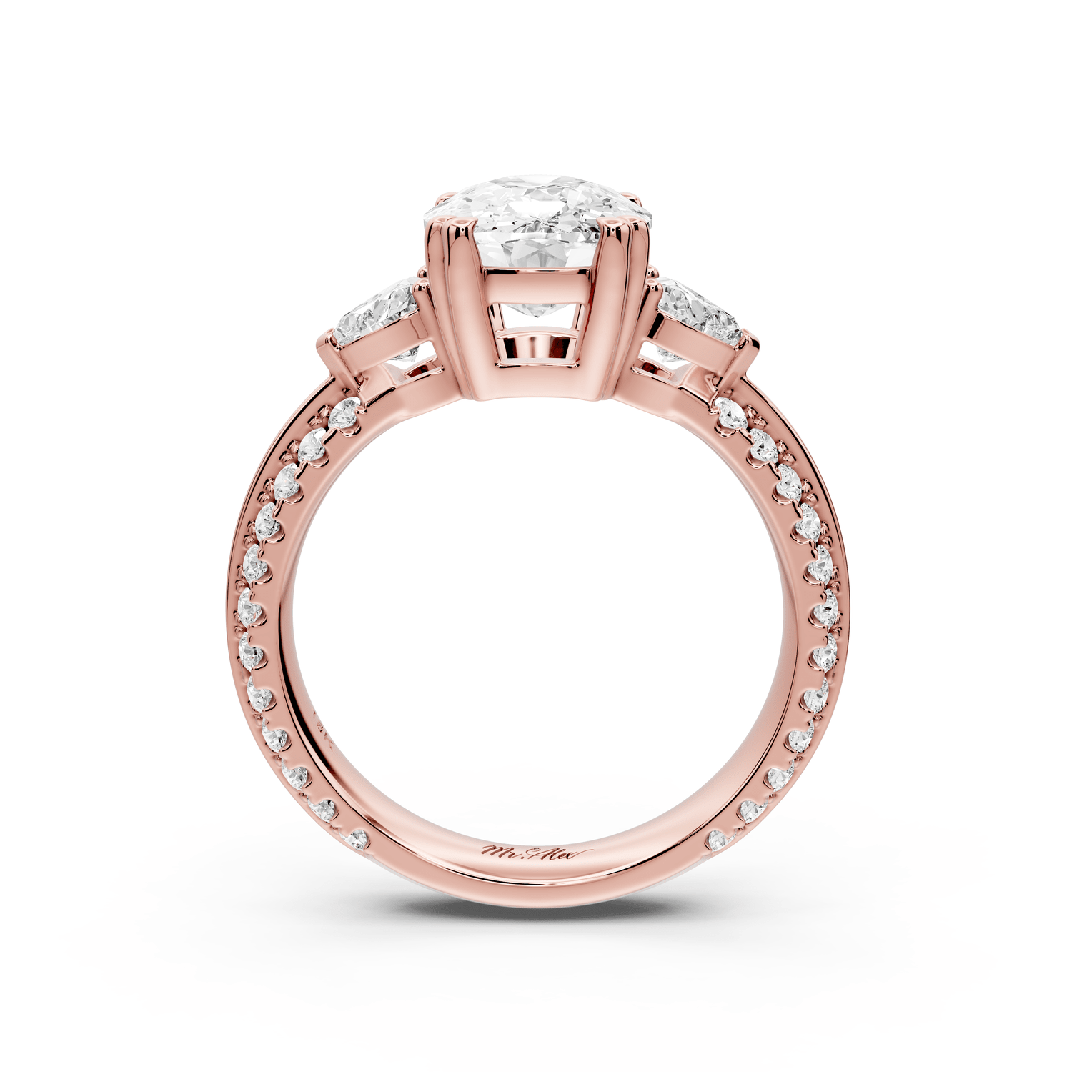 Elinor - 3ct 14k rose gold ecushion diamond Double talon prongs with two heart side stones and rollover pavé engagement ring - Mr. Alex Jewelry