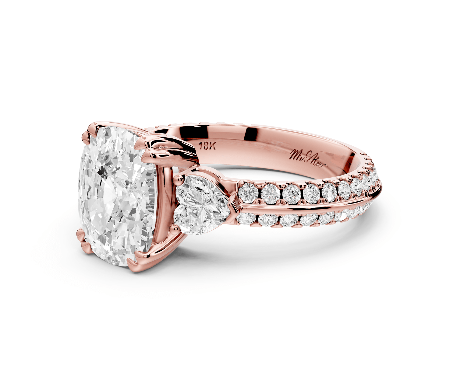 Elinor - 3ct 14k rose gold ecushion diamond Double talon prongs with two heart side stones and rollover pavé engagement ring - Mr. Alex Jewelry