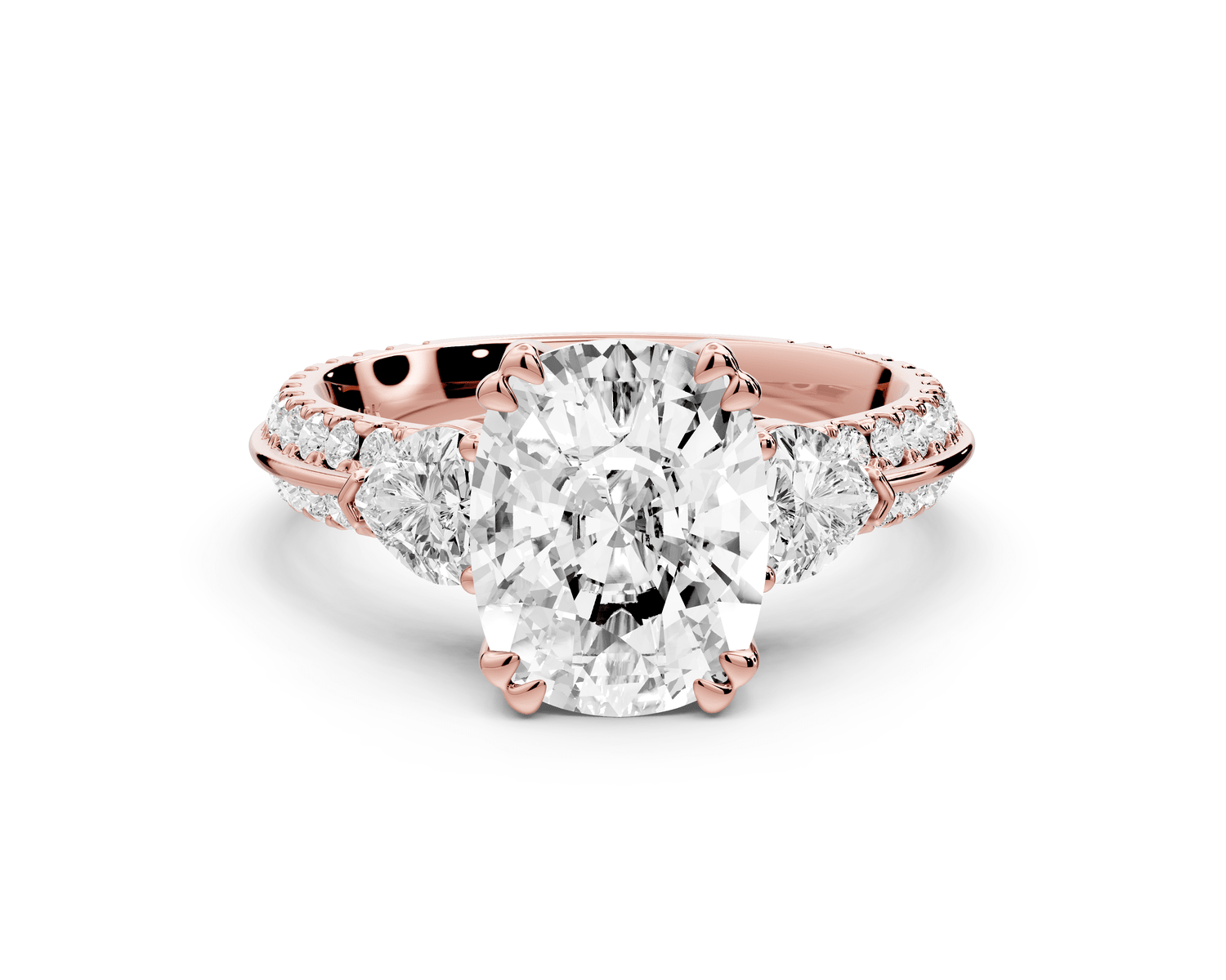 Elinor - 3ct 14k rose gold ecushion diamond Double talon prongs with two heart side stones and rollover pavé engagement ring - Mr. Alex Jewelry