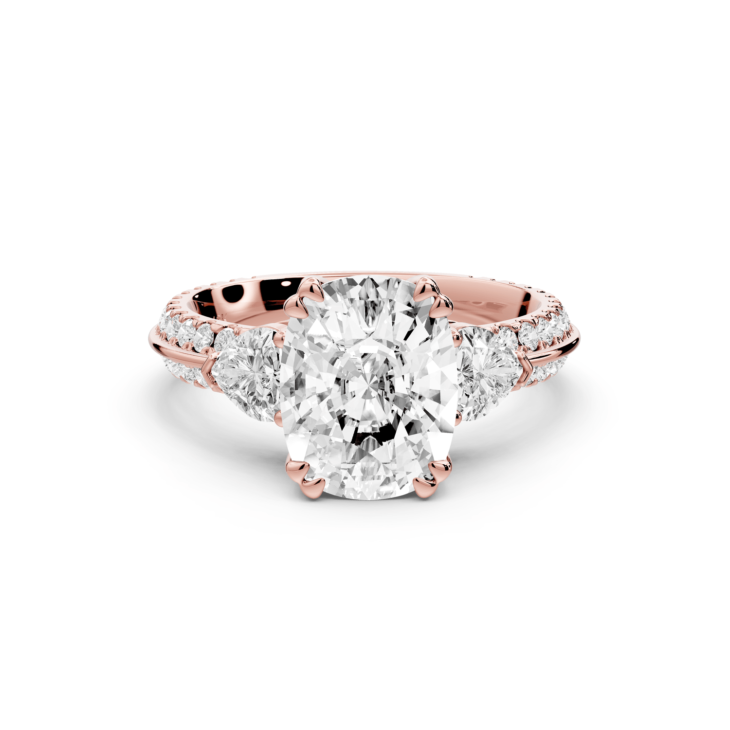 Elinor - 3ct 14k rose gold ecushion diamond Double talon prongs with two heart side stones and rollover pavé engagement ring - Mr. Alex Jewelry