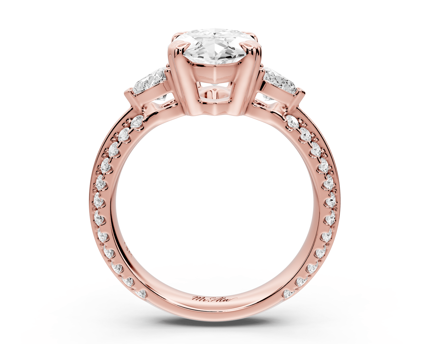 Elinor - 3ct 14k rose gold marquise diamond Double talon prongs with two heart side stones and rollover pavé engagement ring - Mr. Alex Jewelry