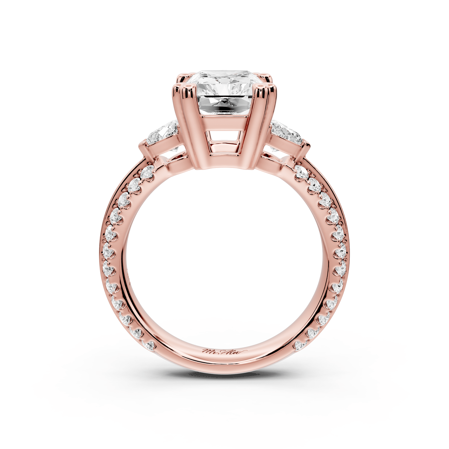 Elinor - 3ct 14k rose gold radiant diamond Double talon prongs with two heart side stones and rollover pavé engagement ring - Mr. Alex Jewelry