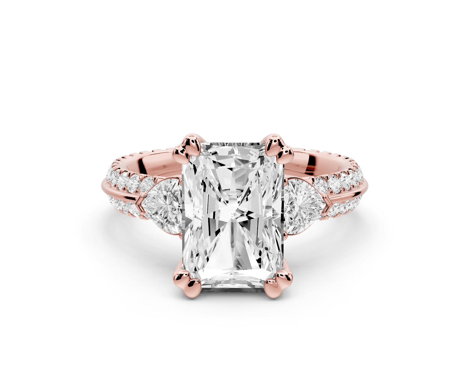 Elinor - 3ct 14k rose gold radiant diamond Double talon prongs with two heart side stones and rollover pavé engagement ring - Mr. Alex Jewelry