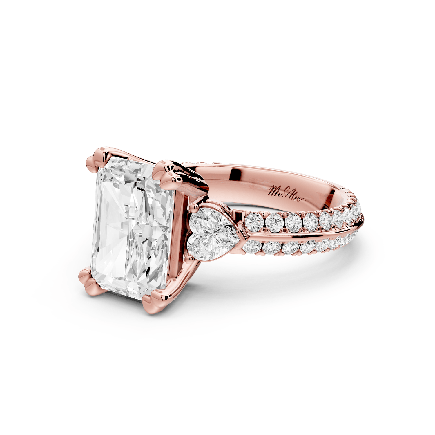 Elinor - 3ct 14k rose gold radiant diamond Double talon prongs with two heart side stones and rollover pavé engagement ring - Mr. Alex Jewelry