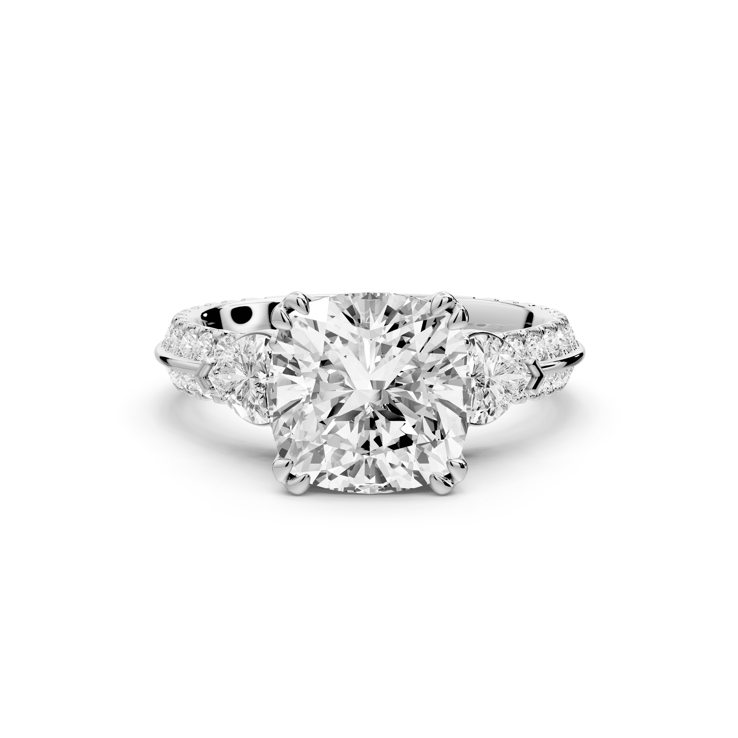 Elinor - 3ct 14k white gold cushion diamond Double talon prongs with two heart side stones and rollover pavé engagement ring - Mr. Alex Jewelry
